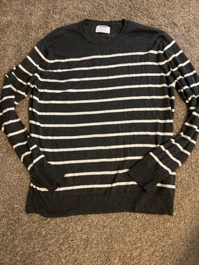 Old Navy Charcoal Gray Crewneck Sweater with Cream Stripes